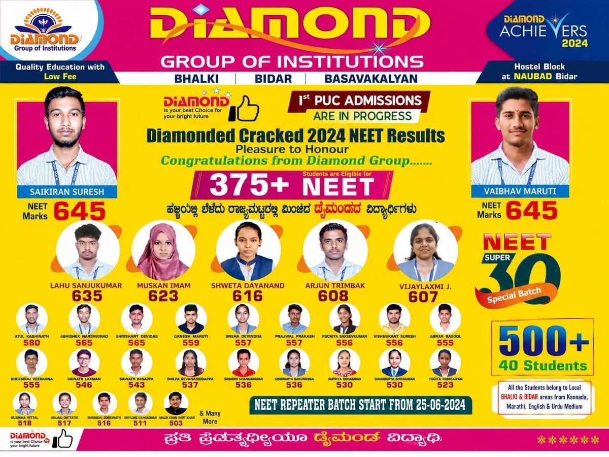 Diamond cracked the 2024 NEET results — Saikiran Suresh and Vaibhav Maruti scored 645 each, 375+ students eligible