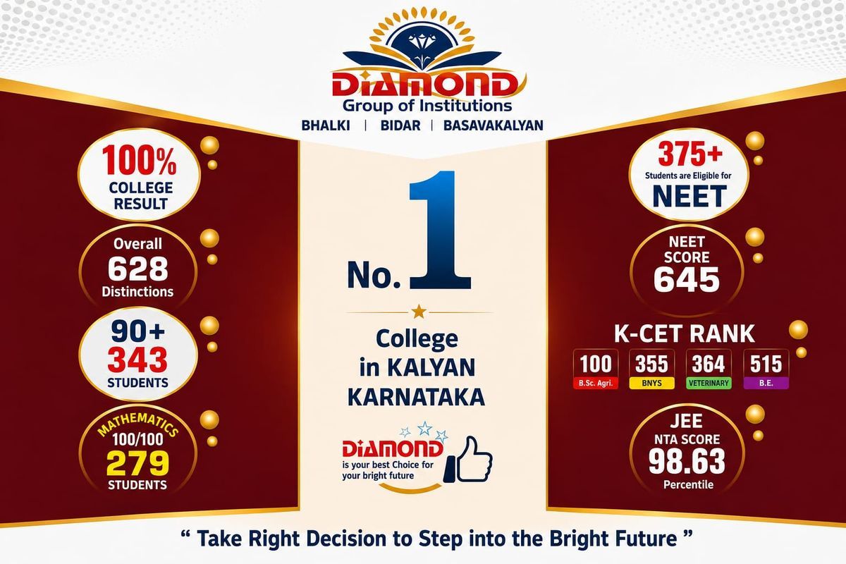 No.1 college in Kalyan Karnataka — 375+ students eligible for NEET, NEET score 645, JEE 98.63 percentile, K-CET ranks 100, 355, 364 and 515